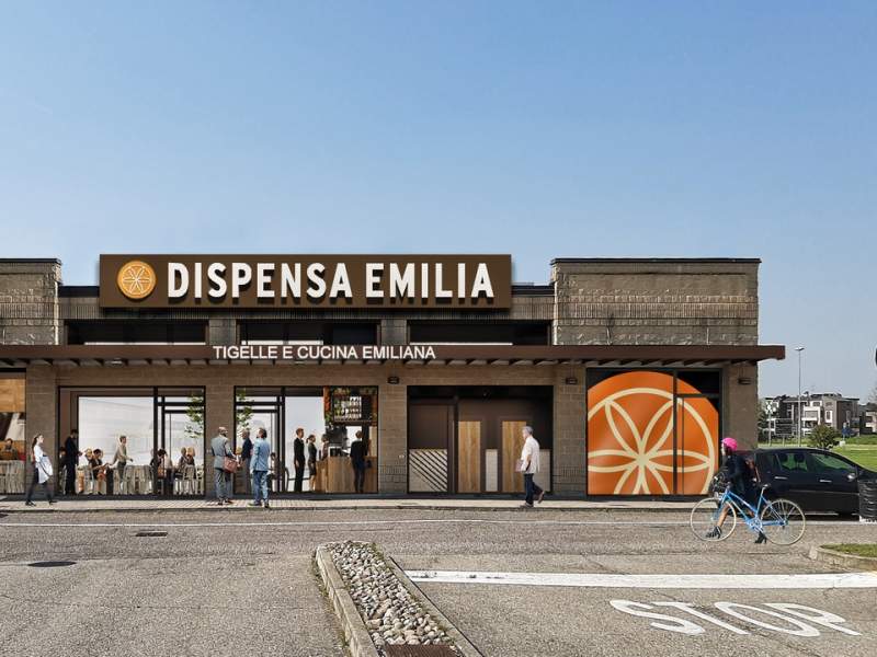 Il rendering del nuovo ristorante Dispensa Emilia di Pantigliate, il 17° in Lombardia