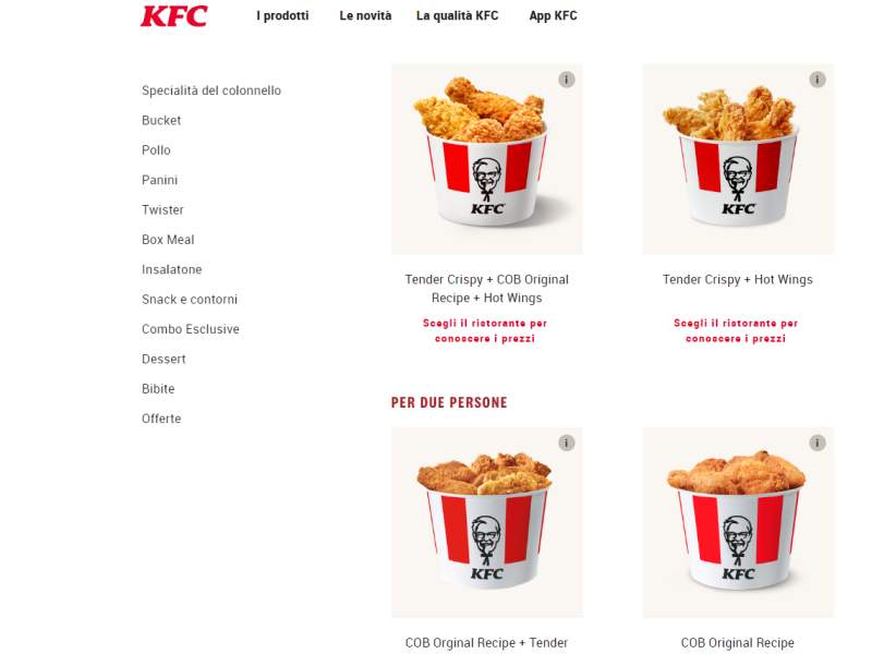 Uno screenshot del nuovo sito web di KFC Italia