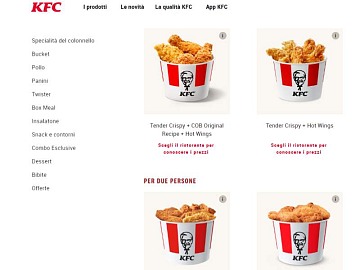 Uno screenshot del nuovo sito web di KFC Italia